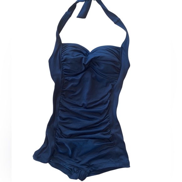 Seafolly Australia Swimsuit Boy Leg Ruched Detail One Piece Navy Blue Size 4 - Picture 3 of 7